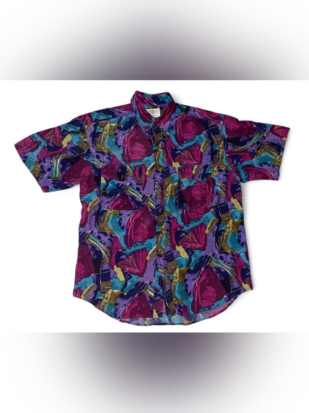 Vintage Men's Short-Sleeve Abstract Print Button-Down Shirt - Purple 100% Silk
